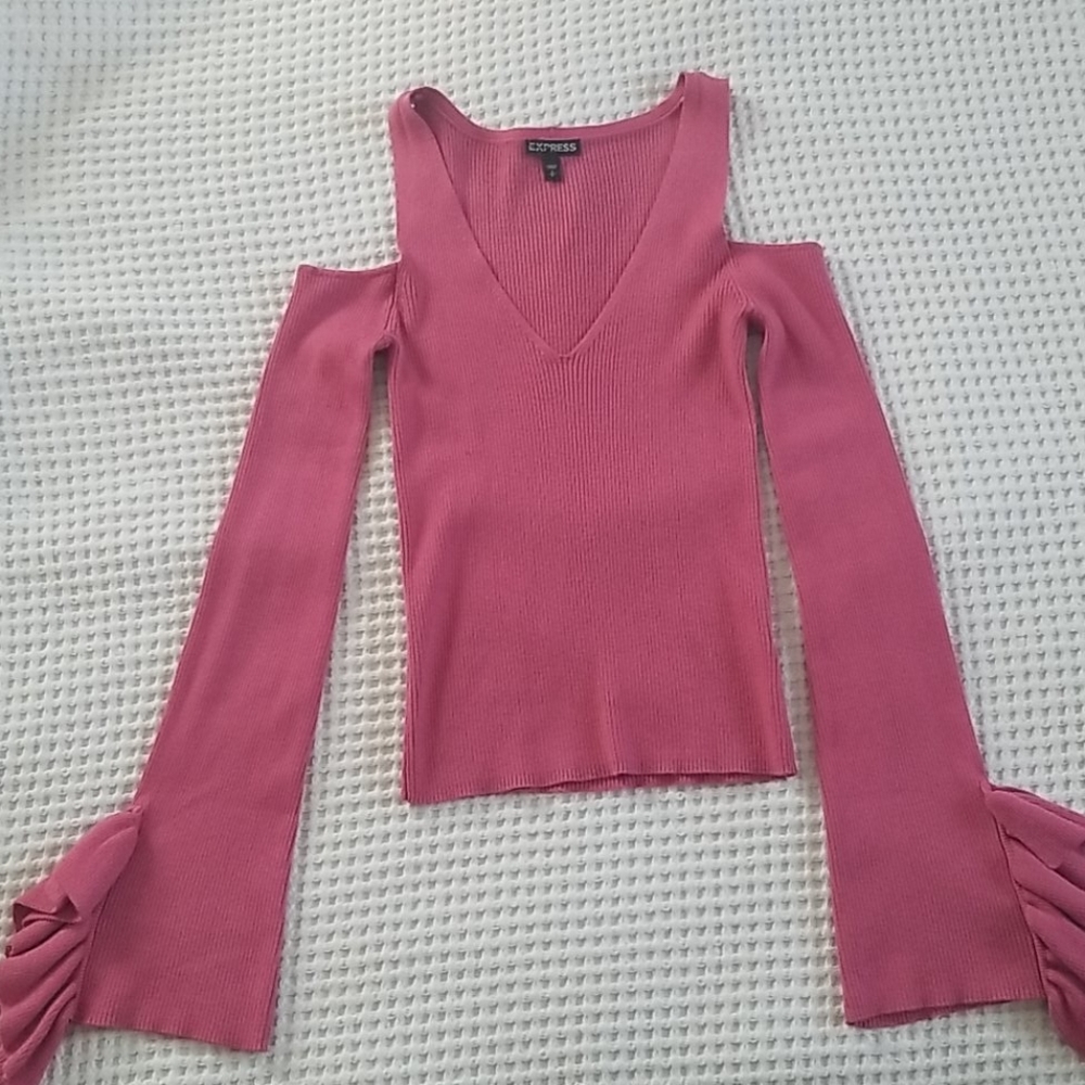 Express crop open shoulder frill sleeve sweater